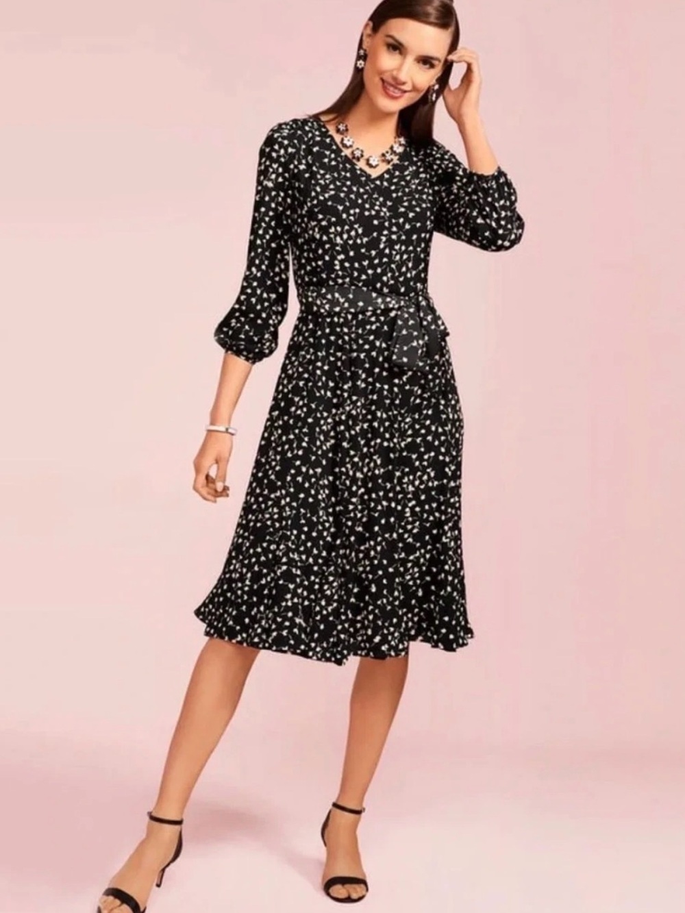 Talbots Size 10 Black White Floral 3/4 Sleeve Belted Fit & Flare Dress